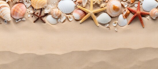 Poster - Sea sand with starfish and shells Top view with copy space