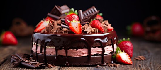 Poster - Strawberry cake with chocolate decoration selective focus. Creative banner. Copyspace image