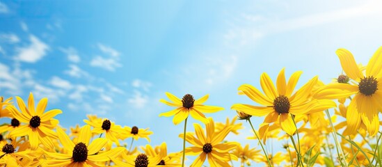Aufkleber - Many Yellow Cone flowers Rudbeckia fulgida var deamii on blue sky background Black Eyed Susan daisy like blooms Black eyed susans Coneflowers blossom in sunny garden bottom view. Creative banner