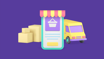 Poster - Online shopping marketplace smartphone application order delivery 3d icon realistic vector