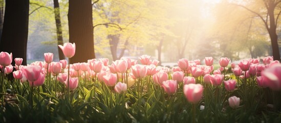 Aufkleber - Beuatiful sweet pink tulips flower growing and blossom in spring season field with green leaves and branch a moment romantic in garden holiday and nature concept. Creative banner. Copyspace image