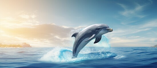 Poster - dolphin jumping in an exhibition splashing water. Creative banner. Copyspace image