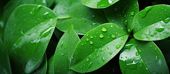 Poster - Green leaves background with drops water after rain. Creative banner. Copyspace image