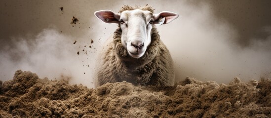 Poster - a portrait of dirty sheep in the cage looking at the camera. Creative banner. Copyspace image