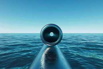 Lonely pipe in the vast ocean under a clear blue sky, concept of solitude and isolation
