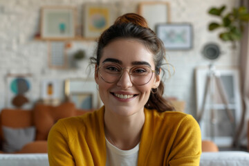 Wall Mural - Happy young woman at home in casual clothing smiling confidently