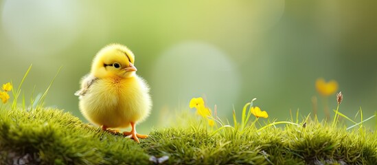 Poster - adorable yellow chick sitting in grass. Creative banner. Copyspace image