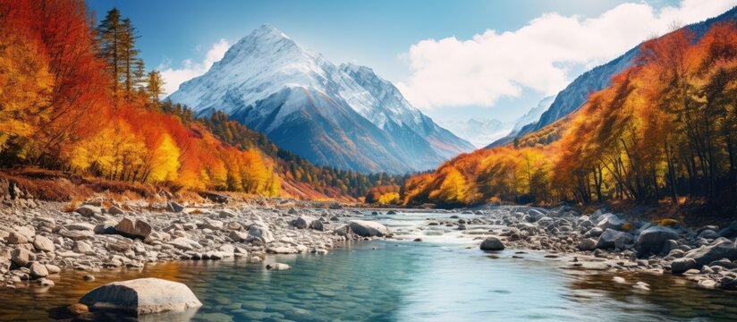 Beautiful Mountain and River in Autumn. Creative banner. Copyspace image