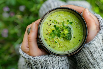 Cozy Hands Holding a Bowl of Creamy Broccoli Soup with Microgreens in an Outdoor Setting