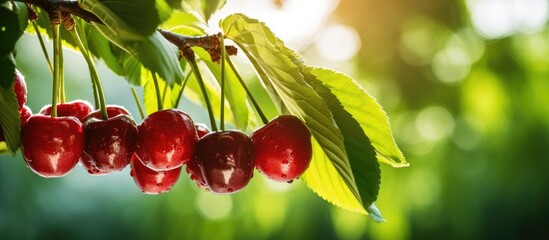 Poster - Unpicked ripen organic cherries in the tree. Creative banner. Copyspace image