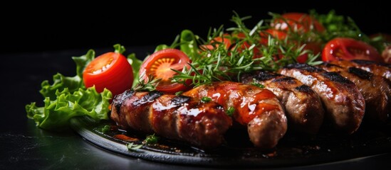 Aufkleber - grilled sausages lettuce leaves tomatoes close up. Creative banner. Copyspace image
