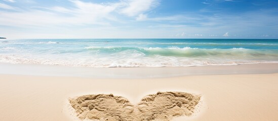 Poster - Sea view through shape of heart in the sand of tropical beach Valentines day Holiday vacation concept Creative background copy space travel summer