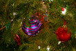 © Connect Images - Close-up of Christmas tree branches adorned with a shiny blue and a glittering red bauble, illuminated by twinkling festive lights.