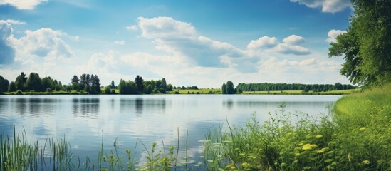 Poster - small quiet lake among fields at the summer day. Creative banner. Copyspace image