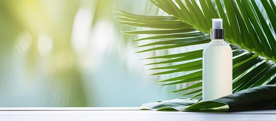 Aufkleber - Skin care concept with white bottle and palm leaves on tropical background. Creative banner. Copyspace image