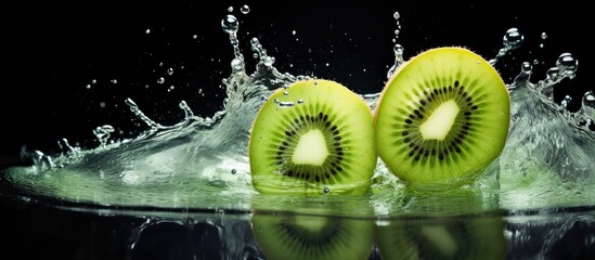 Aufkleber - Fresh kiwi splash in water to movement with bubbles. Creative banner. Copyspace image