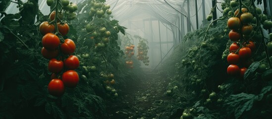 Aufkleber - Green not ripe tomatoes in the greenhouse harvest. Creative banner. Copyspace image