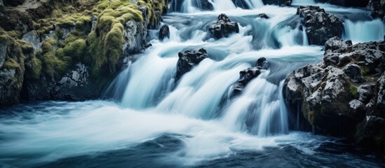 Poster - waterfall and fast flowing stream. Creative banner. Copyspace image