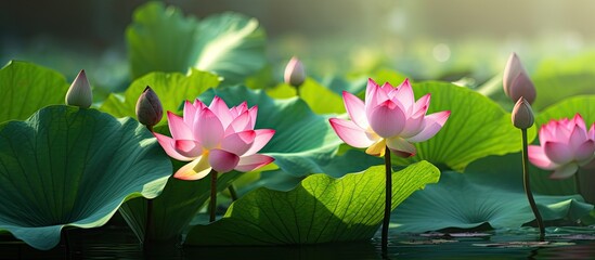Poster - Pink Lotus Flowers Blooming in pond with green leaves. Creative banner. Copyspace image
