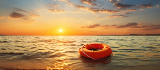 Poster - life ring wheel on the beach sunset light background and space for copy