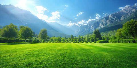 Poster - Verdant valley with lush green grass, majestic mountains, and clear blue sky on a sunny day. banner, nature background
