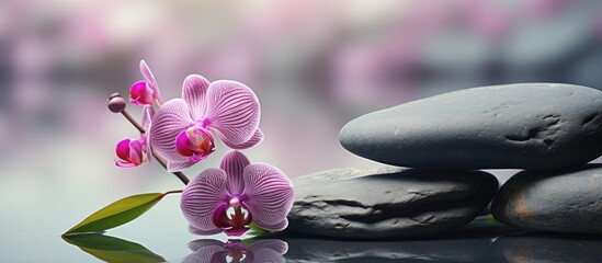 Aufkleber - single beautiful orchid on stones background. Creative banner. Copyspace image