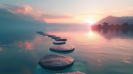 Wall Mural - Stepping stones on calm lake water leading into a beautiful sunset over scenic mountains. Created with generative AI.


