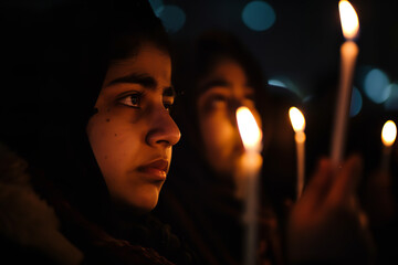 Poster - Solemn Night Vigil with Candles for Revolution in City Park  