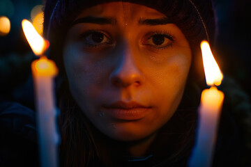 Canvas Print - Solemn Night Vigil with Candles for Revolution in City Park  