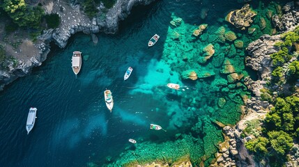An aerial view captures boats floating on the clear waters
