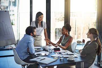 Poster - People, business meeting and audit in boardroom for budget plan and financial logistics. Corporate group, teamwork and company review with conversation and discussion about available resources