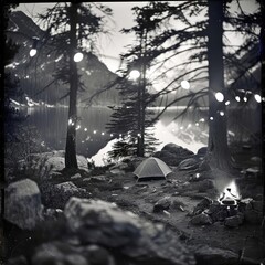 Poster - Peaceful campsite by a lake with a tent, fire pit, and string lights among tall trees, perfect for nature lovers and outdoor adventurers.