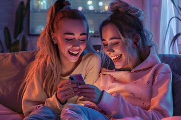 Two girls enjoying smartphone in neon light