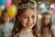 © Surachetsh - A long hair European girl in a white party dress with a crown on her head is smiling with an adorable face that is full of happiness and friendly.