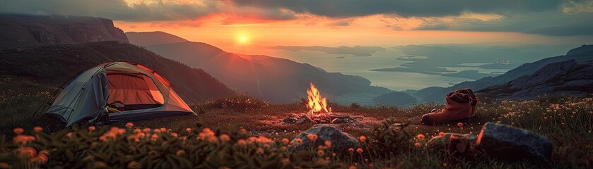 Wall Mural - scenic mountain campsite with a cozy tent and campfire at sunset, overlooking breathtaking valley an