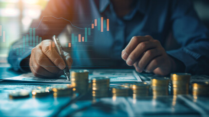 Against the backdrop of money coins, a businessman delves into financial analysis, studying a growth graph with determination and focus, aiming for financial profit return and divi