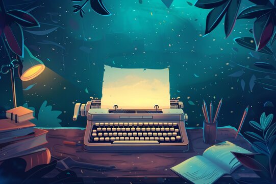 Enchanting vector illustration of a retro typewriter in a whimsical woodland scene with room for text