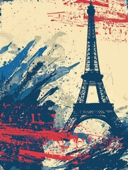 Wall Mural - illustration in blue, white and red colors with elements of the Eiffel Tower with background and copy space