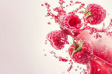 Wall Mural - Raspberries  in water splashes on white background. Sweet forest berry. Copy space