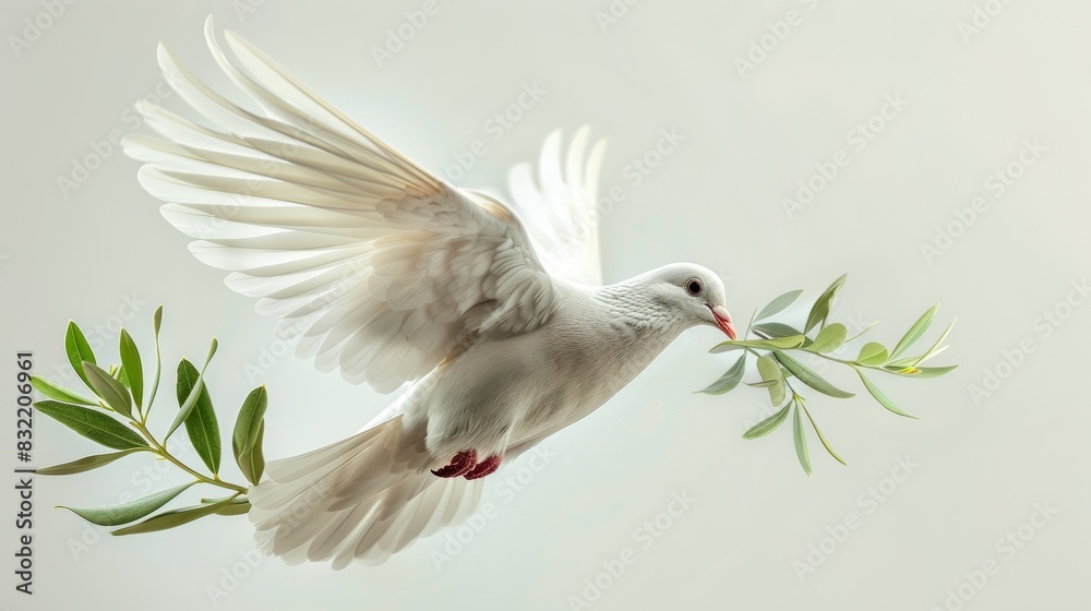 Dove flying with an olive branch in its beak, isolated white background ...