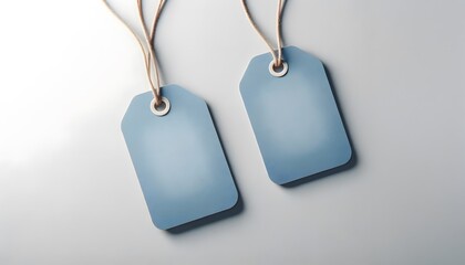 A label mockup featuring two blue tags with cords, placed on a light background, perfect for branding and product design.