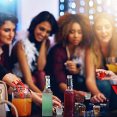 Canvas Print - Alcohol, friends and diversity in club for party, event or nightlife, bonding and friendship with fun or laughter. Woman, cocktail and nightclub with excitement for celebration, birthday and social