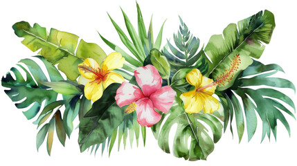Watercolor of Tropical spring floral green leaves and flowers