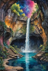 Canvas Print - Mystical Waterfall in a Cave