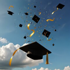 Closeup thrown to the air graduation hat with confetti flying on the sky.