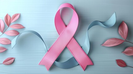 Pink and Blue Ribbons with Pink Leaves on a Blue Wooden Background for Cancer Awareness