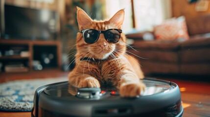Wall Mural - A cat wearing sunglasses and a collar is sitting in a robot vacuum. The cat appears to be enjoying the ride and is looking out the window