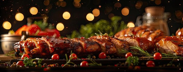 Poster - Delicious grilled meat with herbs and vegetables on a festive table setting with blurred lights in the background.