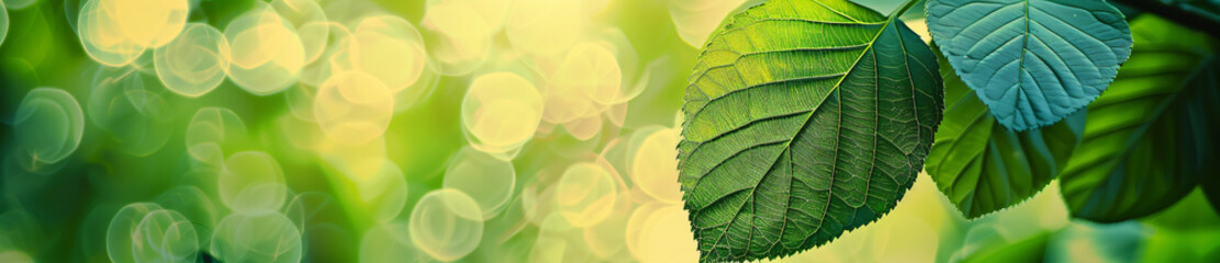 Wall Mural - green leaf with blurred nature background banner, copy space for text and natural landscape greenery
