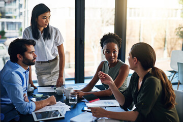 Poster - Business people, meeting and finance conversation in boardroom for budget plan and report. Corporate group, teamwork and company review with communication and discussion about audit and sales